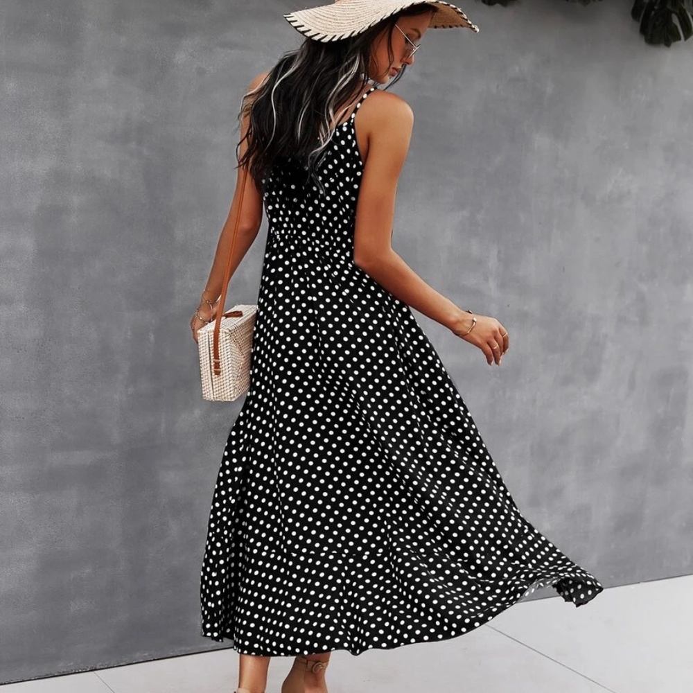 Button up v neck tie polka dot midi dress - Picture 14 of 16
